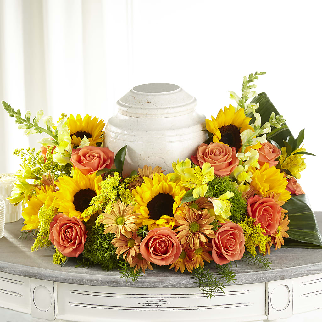 Faithful Sunflower Cremation Adornment – Seasons Design Studio-fmi, Houston TX