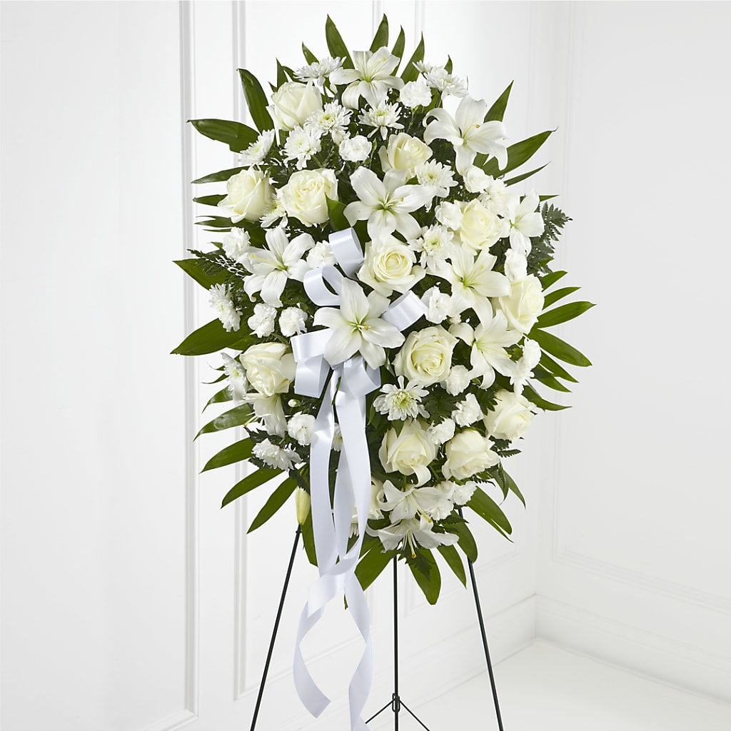 Exquisite Tribute Standing Spray-White Ribbon – Seasons Design Studio-fmi, Houston TX