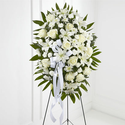 Exquisite Tribute Standing Spray-White Ribbon –  Seasons Design Studio-fmi, Houston TX